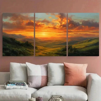 3pcs Golden Sunset Over Rolling Hills Perfect Wall Art Canvas Framed 60x90cm - Bella Home Decor