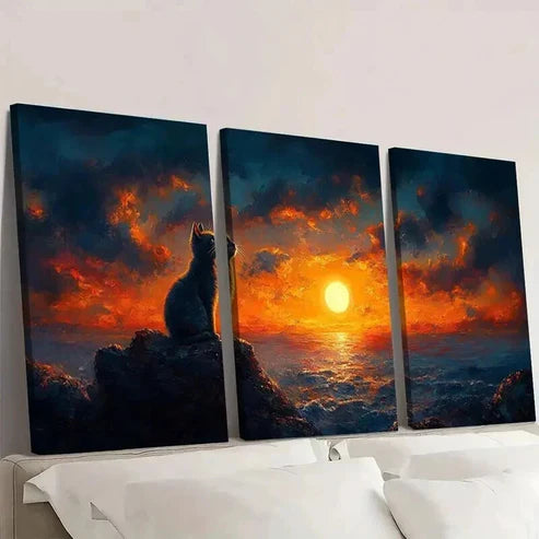 3pcs Sunset Ocean Scene with Black Cat Wall Art Canvas Unframed - High Quality Print 100% Australian Made Wall Canvas