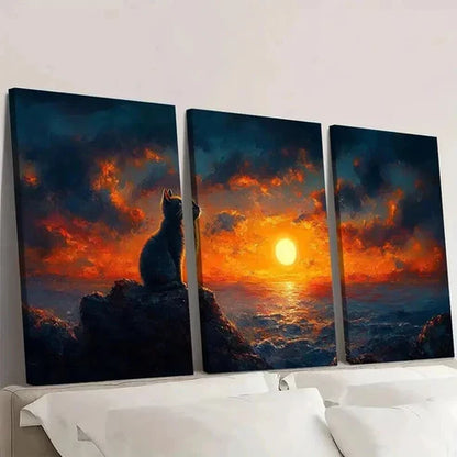 3pcs Sunset Ocean Scene with Black Cat Wall Art Canvas Unframed - High Quality Print 100% Australian Made Wall Canvas
