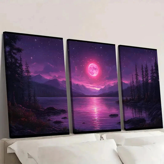 3pcs Purple Moon Mystical Realm Art A Wall Art Set Canvas Framed 60x90cm - High Quality Print 100% Australian Made Wall Canvas Ready to Hang
