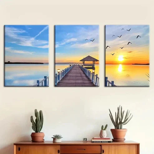 3pcs Bridge By The Seaside And A Sunset Wall Art Canvas Unframed - High Quality Print 100% Australian Made Wall Canvas - Bella Home Decor