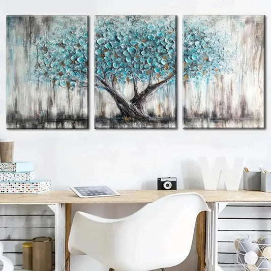 3pcs Vintage Blue Tree of Life Décor Perfect Wall Art Set Canvas Framed 40x60cm - High Quality Print 100% Australian Made Wall Canvas Ready to Hang