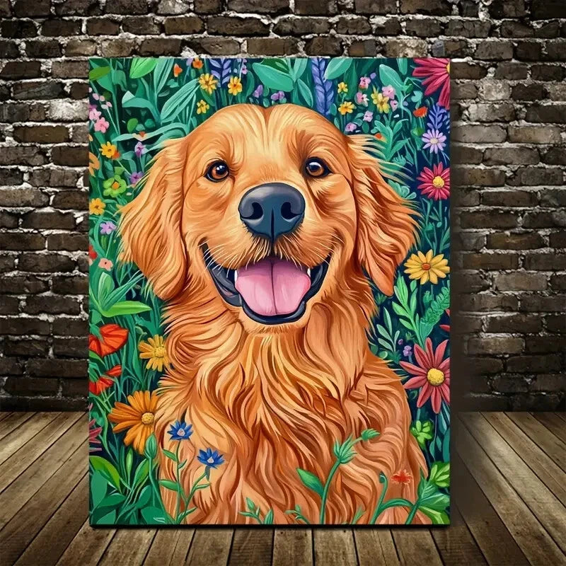 Golden Retriever with Vibrant Floral Painting 40x60cm Metal Print Ready to Hang