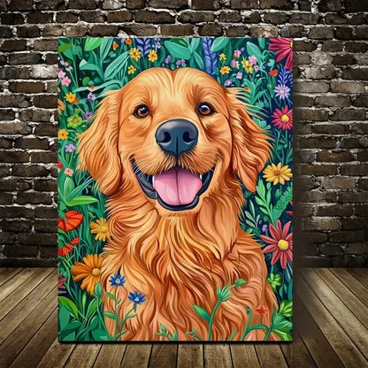 Golden Retriever with Vibrant Floral Painting 40x60cm Metal Print Ready to Hang