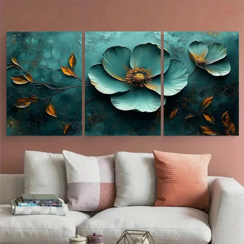 3pcs Textured Minimalist Floral Green Boho Design Metal Print Ready to Hang Art - Bella Home Decor