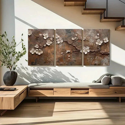 3pcs Elegant Floral Brown Textured Background Metal Print Ready to Hang Art - Bella Home Decor