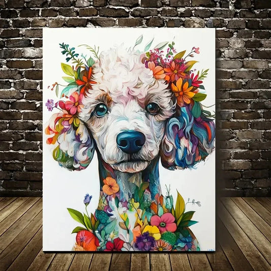 Cute Poodle with Vibrant Floral Wreath Painting  40x60cm Metal Print Ready to Hang - Bella Home Decor