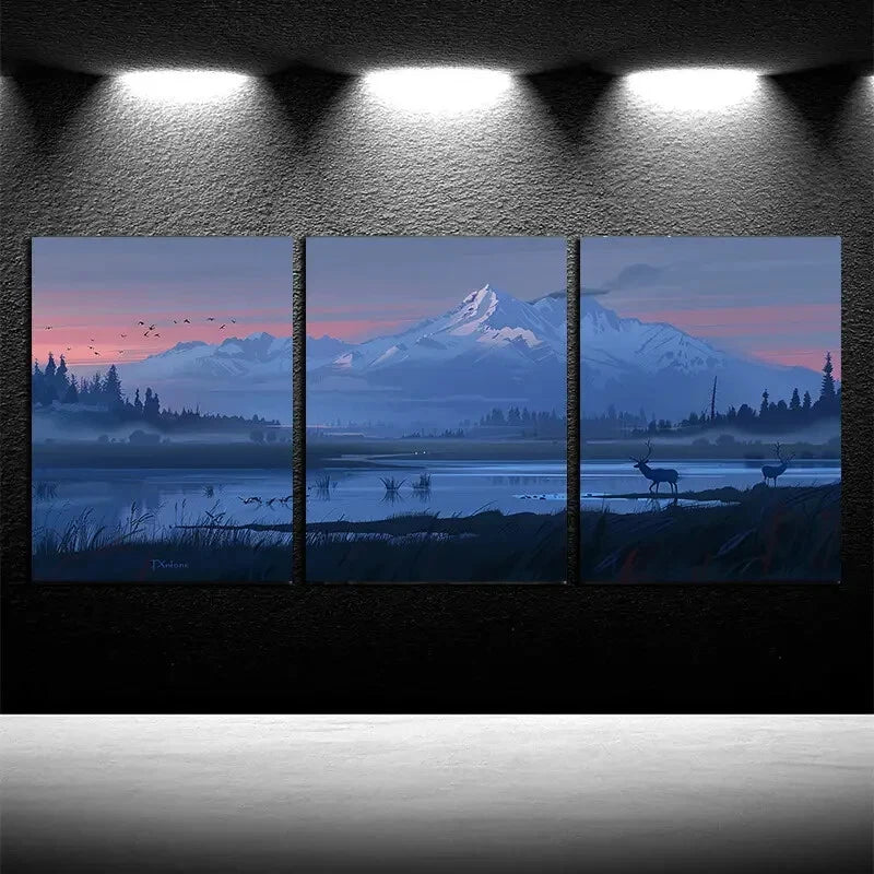 3pcs Majestic Mountain Sunrise & Wildlife Scene Metal Print Ready to Hang Art - Bella Home Decor