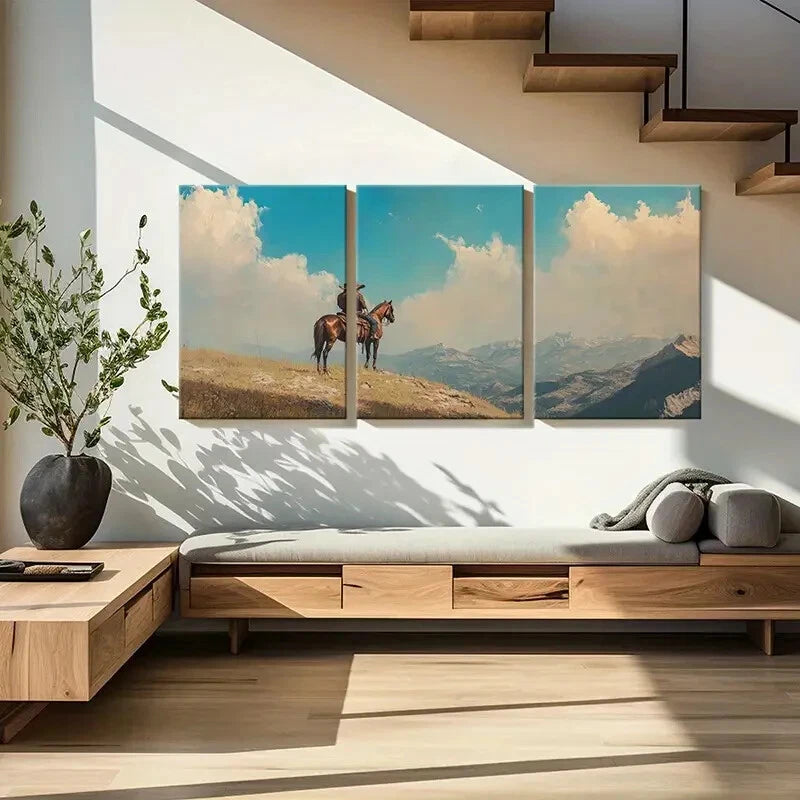 3pcs Western Cowboy On Horseback Mountain LandscapeMetal Print Ready to Hang Art - Bella Home Decor