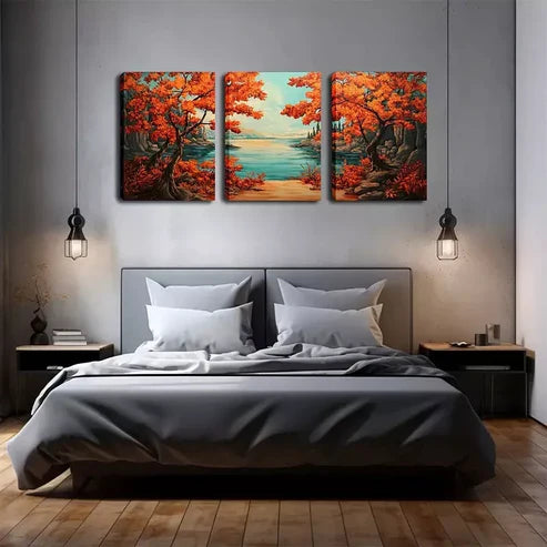 3pcs Autumn Trees and Lake Landscape Wall Art Canvas Unframed - High Quality Print 100% Australian Made Wall Canvas