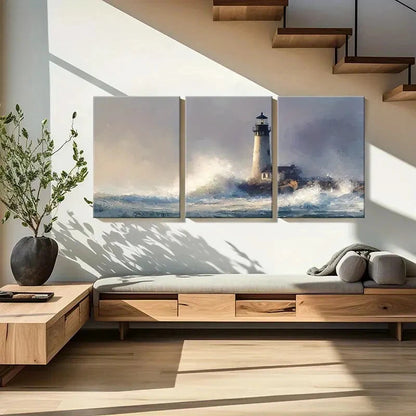 3pcs Lighthouse Coastal Scene Ocean Waves Metal Print Ready to Hang Art - Bella Home Decor