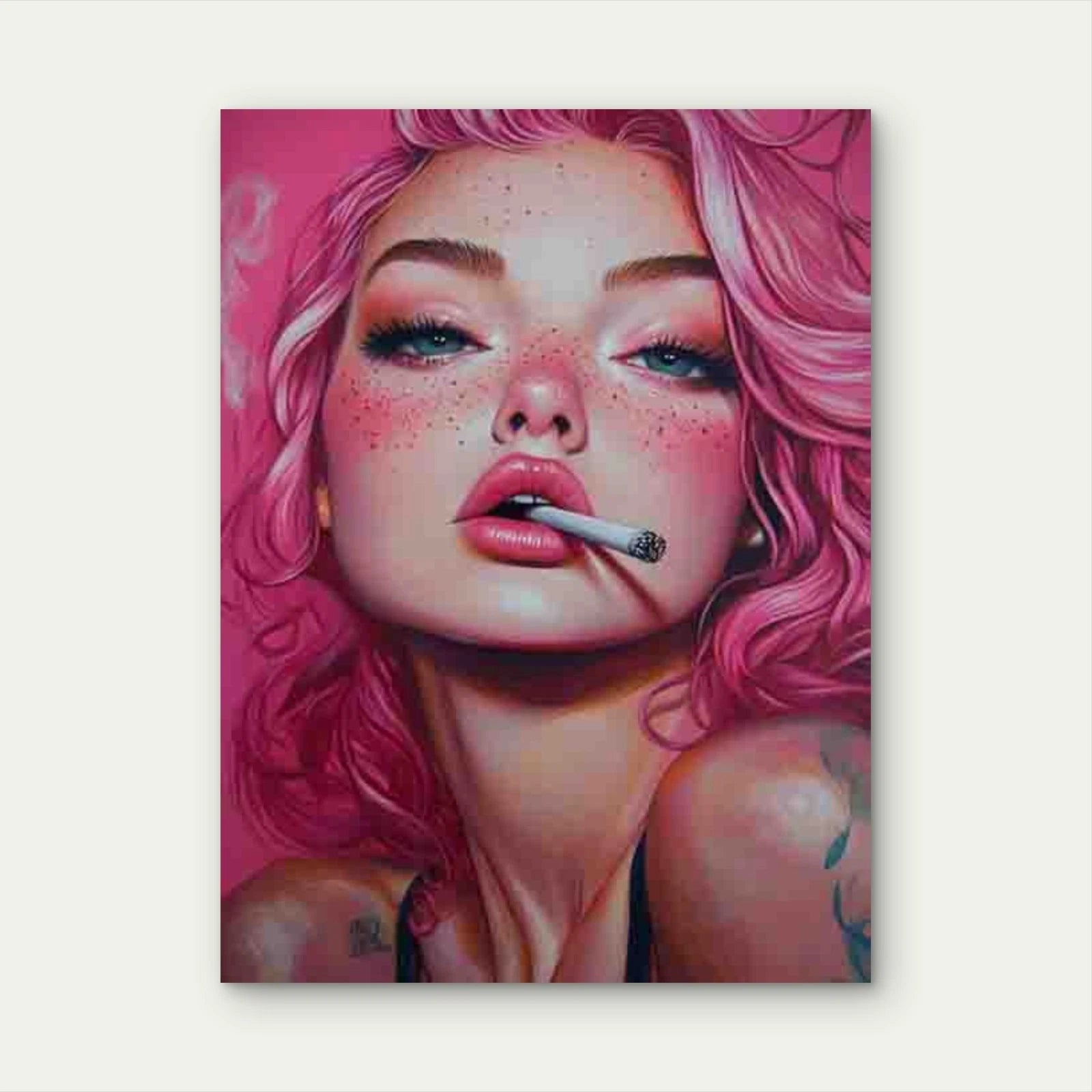 Smoking Girl Pink Hair & Tattooed Shoulder 40x60cm Metal Print Ready to Hang - Bella Home Decor