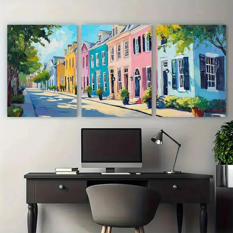 3pcs Vibrant Charleston City House Portrait Metal Print Ready to Hang Art - Bella Home Decor