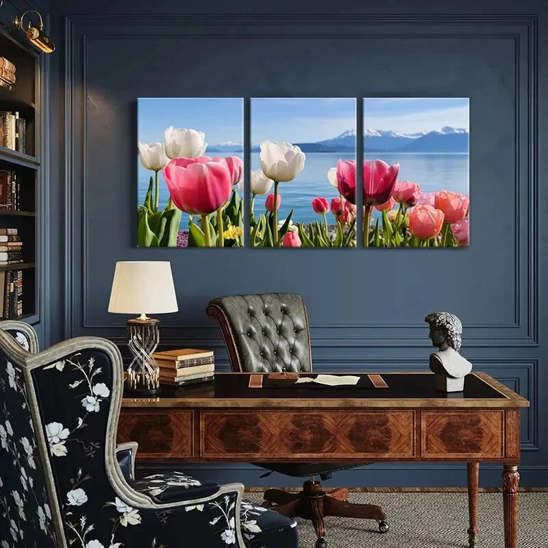 3pcs Spring Tulips By The Lake Mountain View Metal Print Ready to Hang Art - Bella Home Decor