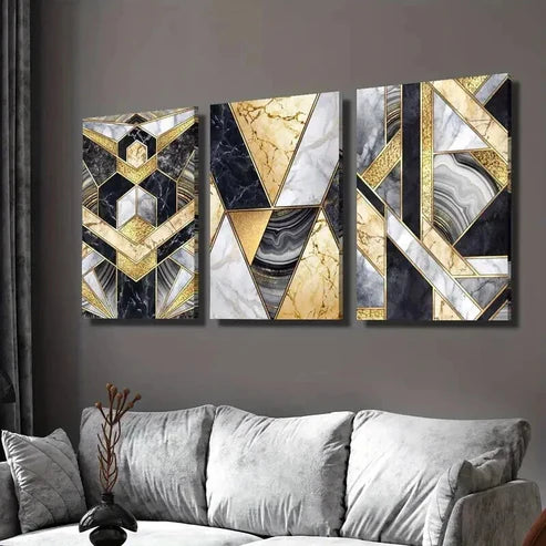 3pcs Marble Texture and Golden Geometric  Wall Art Set Canvas Unframed - High Quality Print 100% Australian Made Wall Canvas