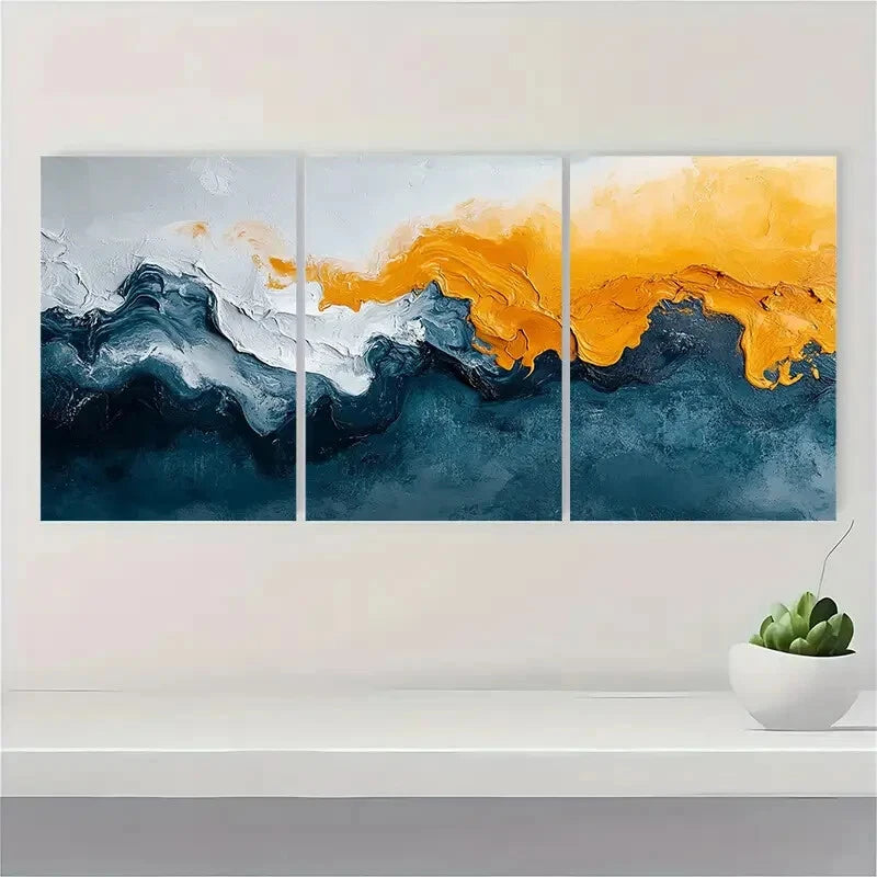 3pcs Abstract Art Giclee Print Teal Blue Metal Print Ready to Hang Art - Bella Home Decor
