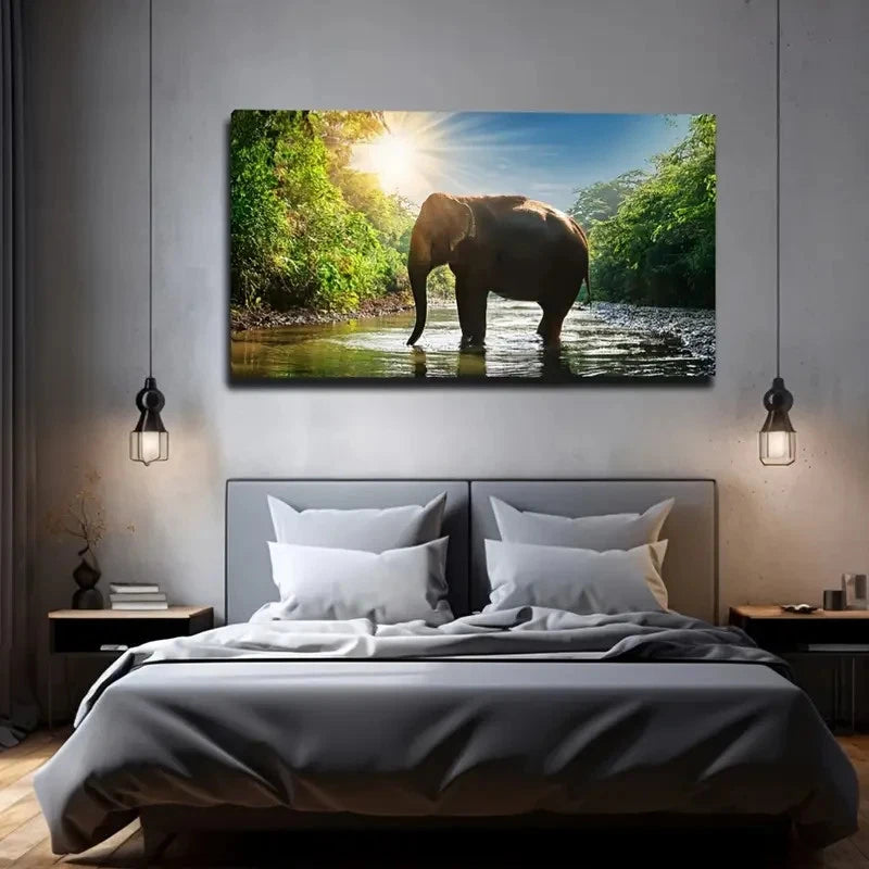 Elephant Sun Lush Forest Scene Wall Art Canvas Office Home Room Framed 120x60cm