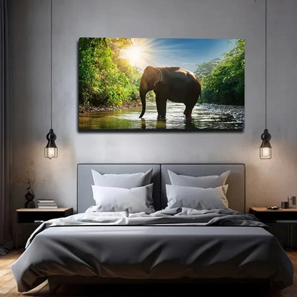 Elephant Sun Lush Forest Scene Wall Art Canvas Office Home Room Framed 120x60cm