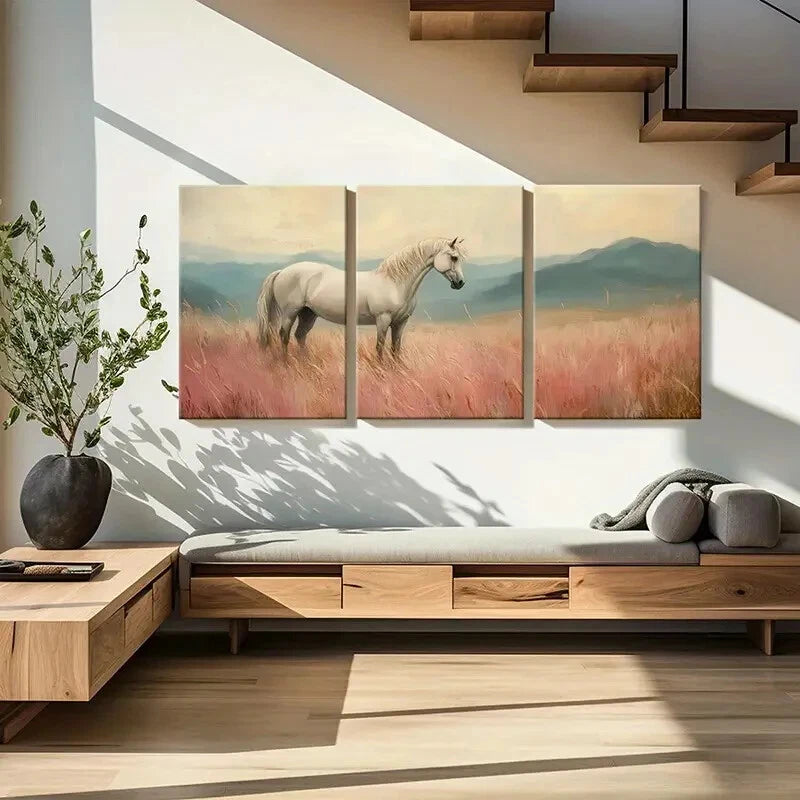 3pcs White Horse In Field Landscape Art Metal Print Ready to Hang Art - Bella Home Decor