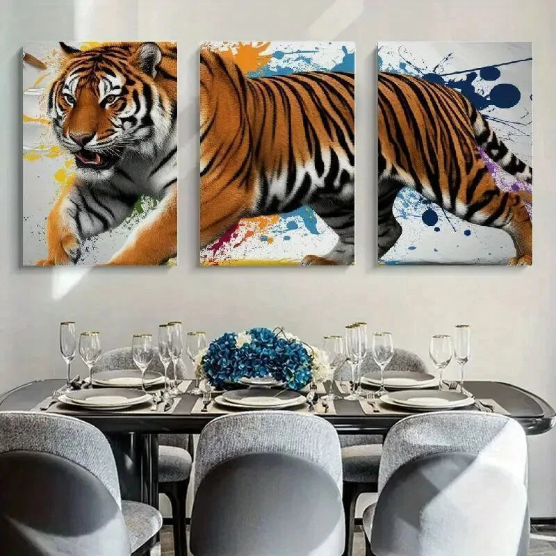 3pcs Vibrant Splash Art Design Tiger Metal Print Ready to Hang Art - Bella Home Decor