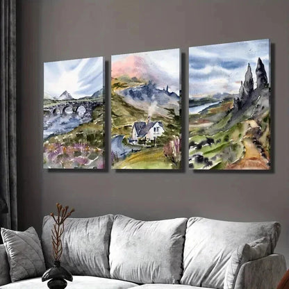 3pcs Watercolor Mountains River & Nature Wall Art Set Canvas Framed 60x90cm - High Quality Print 100% Australian Made Wall Canvas Ready to Hang
