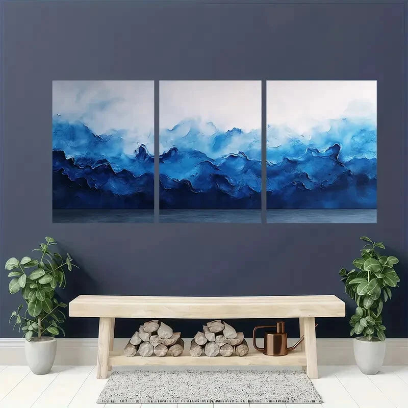 3pcs Cobalt Blue Painting Watercolor Art Aqua Metal Print Ready to Hang Art - Bella Home Decor