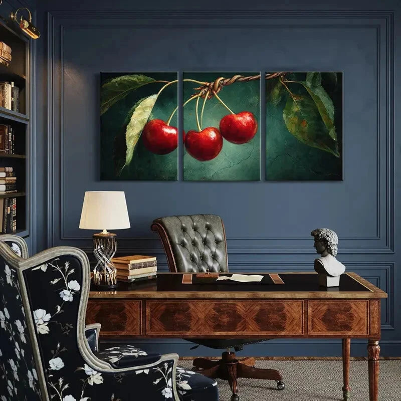 3pcs Artistic Vibrant Red Cherry Illustration Metal Print Ready to Hang Art - Bella Home Decor