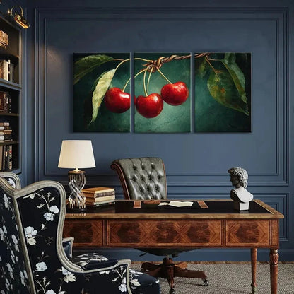 3pcs Artistic Vibrant Red Cherry Illustration Metal Print Ready to Hang Art - Bella Home Decor