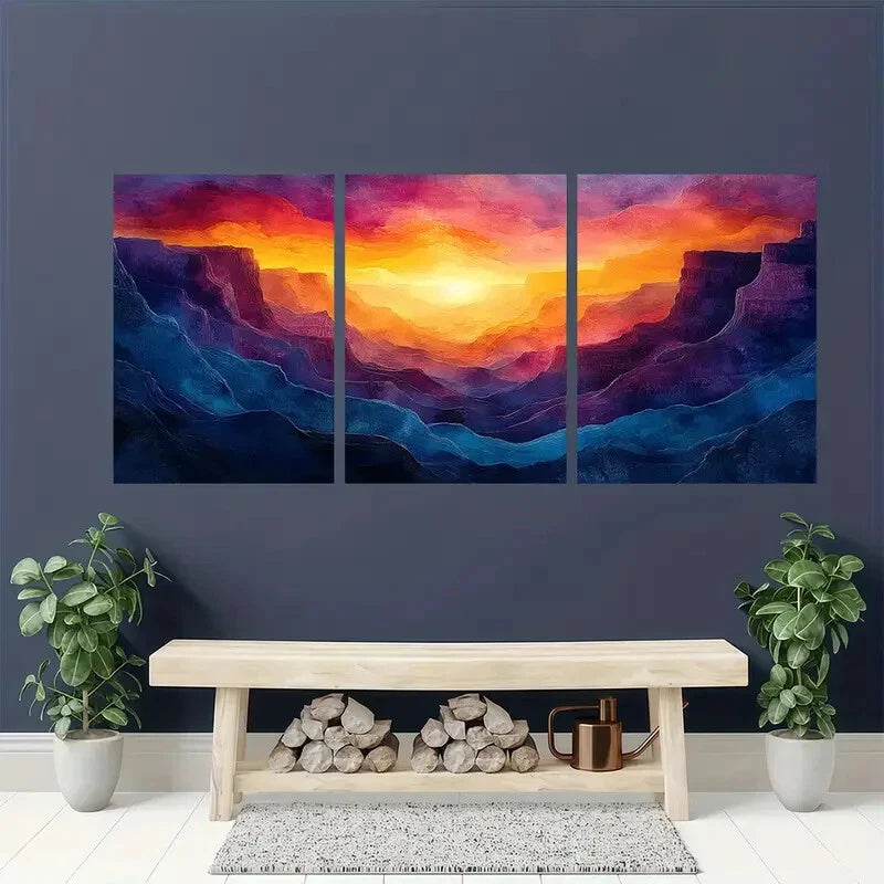 3pcs Abstract Colorful Canyon Landscape Art Metal Print Ready to Hang Art - Bella Home Decor
