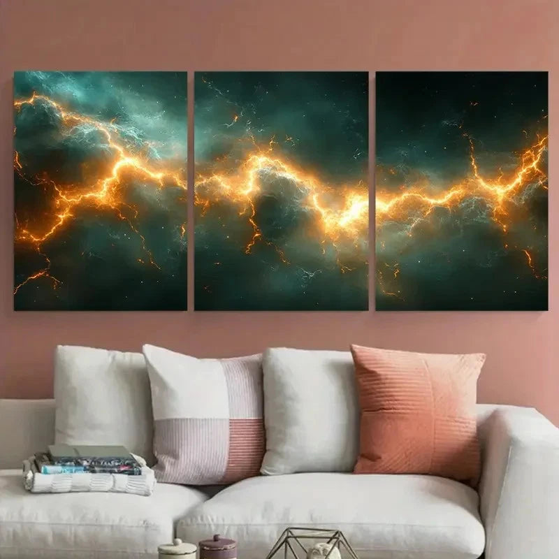 3pcs Vibrant Modern Green Crackling Thunderbolt Metal Print Ready to Hang Art