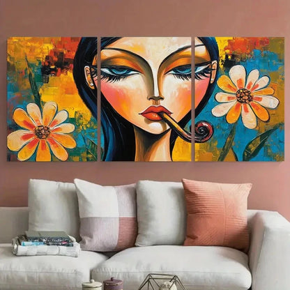 3pcs Abstract Woman Smoking Portrait with Floral Wall Art Set Canvas Framed 50x70cm - High Quality Print 100% Australian Made Wall Canvas Ready to Hang - Bella Home Decor