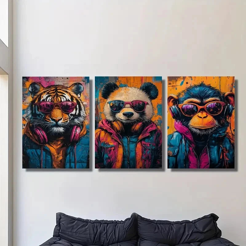 3pcs Animals with Glasses and Headphones Metal Print Ready to Hang Art - Bella Home Decor