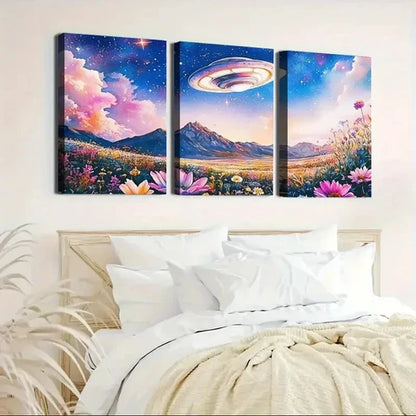 3pcs Sky Pink Clouds UFO Mountain Wall Art Canvas Unframed – High Quality Print 100% Australian Made Wall Canvas