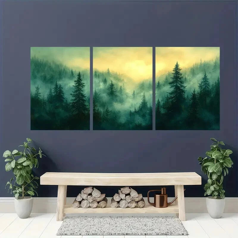 3pcs Vermont Landscape Foggy Forest Scene Metal Print Ready to Hang Art - Bella Home Decor