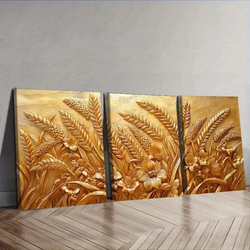 3pcs Ears of Wheat And Flowers Wall Art Set Canvas Unframed - High Quality Print 100% Australian Made Wall Canvas - Bella Home Decor