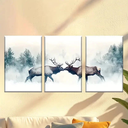 3pcs Two Mooses in The Snow Wall Art Set Canvas Framed 50x70cm - High Quality Print 100% Australian Made Wall Canvas Ready to Hang