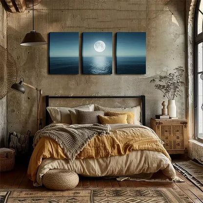 3pcs Round Moon, Sea Level, Oil Painting Wall Art Canvas Unframed - High Quality Print 100% Australian Made Wall Canvas