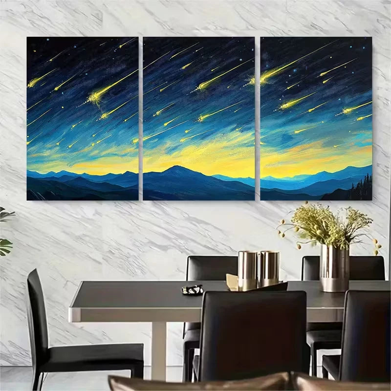 3pcs Meteor Shower Raining Over Mountain Metal Print Ready to Hang Art