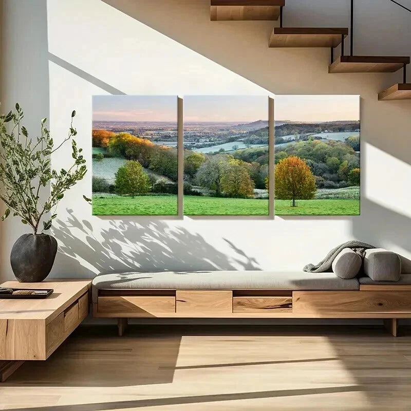 3pcs Rolling Hills Trees and Sunlit Meadows Wall Art Set Canvas Framed 50x70cm - High Quality Print 100% Australian Made Wall Canvas Ready to Hang - Bella Home Decor