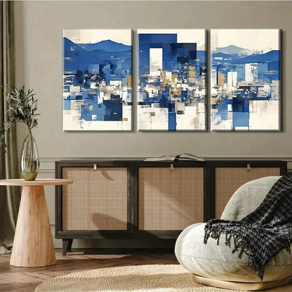 3pcs Blue & Golden Geometric Shapes Perfect Wall Art Set Canvas Framed 50x70cm - High Quality Print 100% Australian Made Wall Canvas Ready to Hang - Bella Home Decor