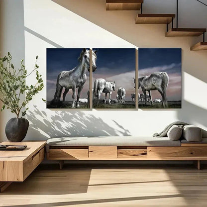 3pcs White Horse in Grassland Landscape Wall Art Set Canvas Framed 50x70cm - High Quality Print 100% Australian Made Wall Canvas Ready to Hang - Bella Home Decor