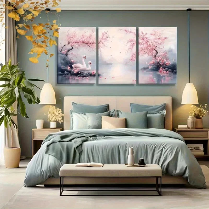 3pcs Cherry Blossom Swan Lake Oil Painting Metal Print Ready to Hang Art - Bella Home Decor