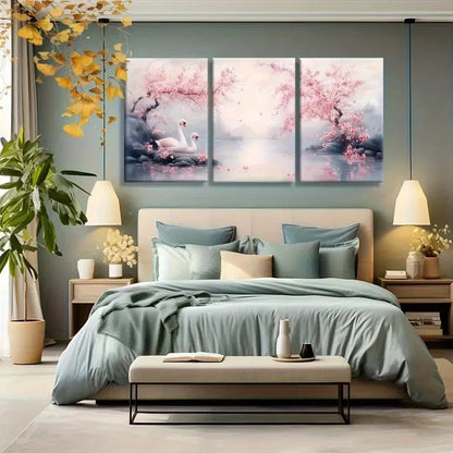 3pcs Cherry Blossom Swan Lake Oil Painting Metal Print Ready to Hang Art - Bella Home Decor