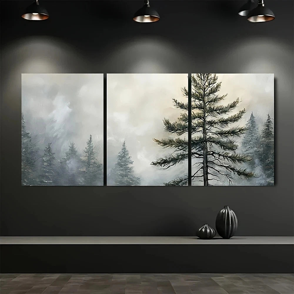 Three-panel wall art of a forest scene with trees in fog on a dark wall.