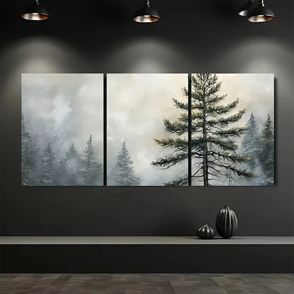 Three-panel wall art of a forest scene with trees in fog on a dark wall.