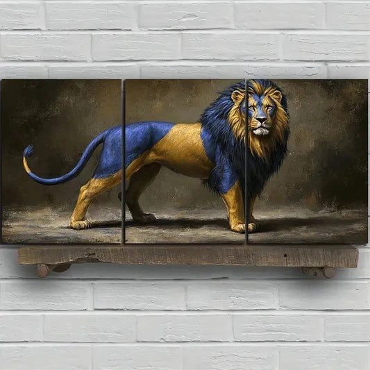 3pcs Golden Blue Lion Painting Wall Art Set Canvas Framed 50x70cm – High Quality Print 100% Australian Made Wall Canvas Ready to Hang - Bella Home Decor