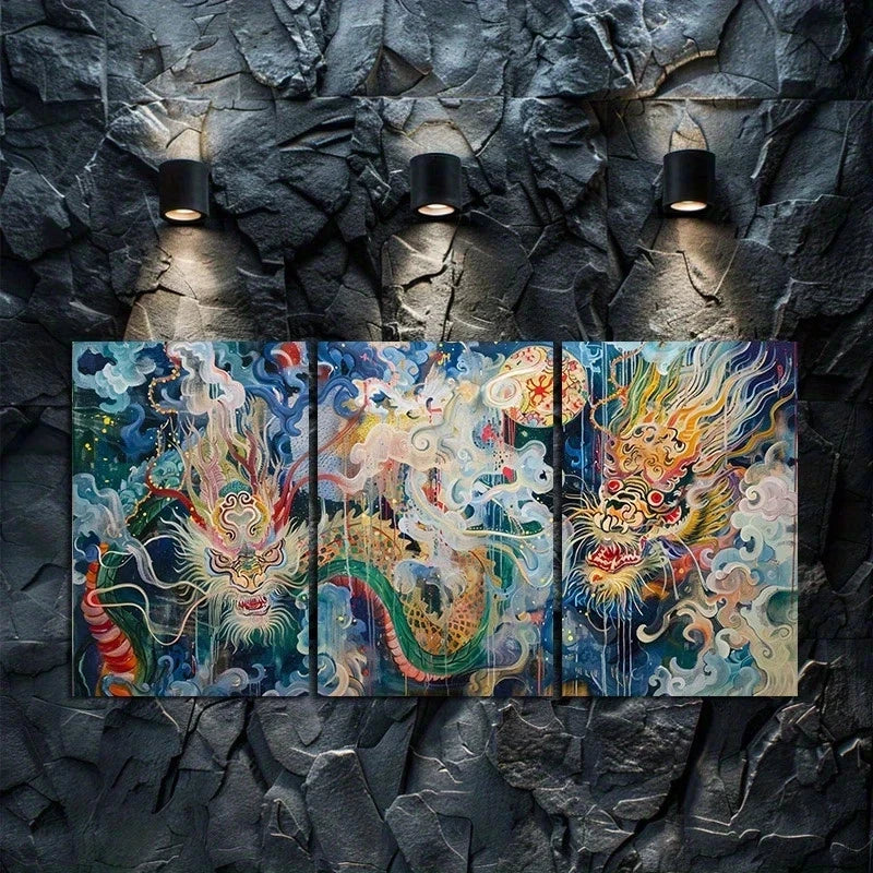 3pcs Dragons Appeared Faintly Amidst The Smoke Metal Print Ready to Hang Art - Bella Home Decor