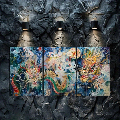 3pcs Dragons Appeared Faintly Amidst The Smoke Metal Print Ready to Hang Art - Bella Home Decor