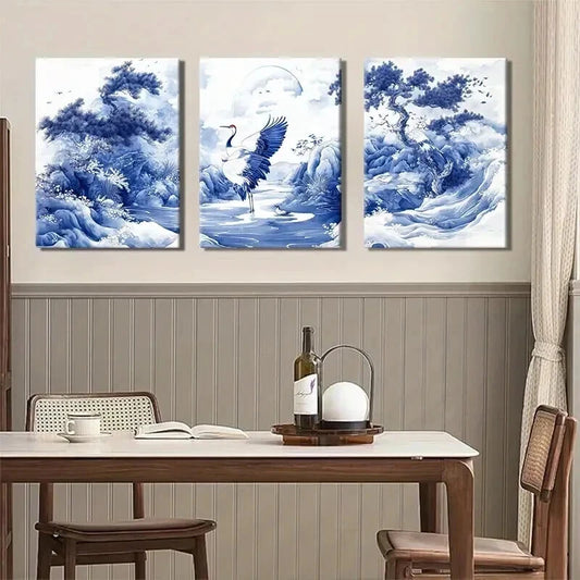 3pcs Traditional Blue and White Elegant Perfect Wall Art Set Canvas Framed 50x70cm - High Quality Print 100% Australian Made Wall Canvas Ready to Hang