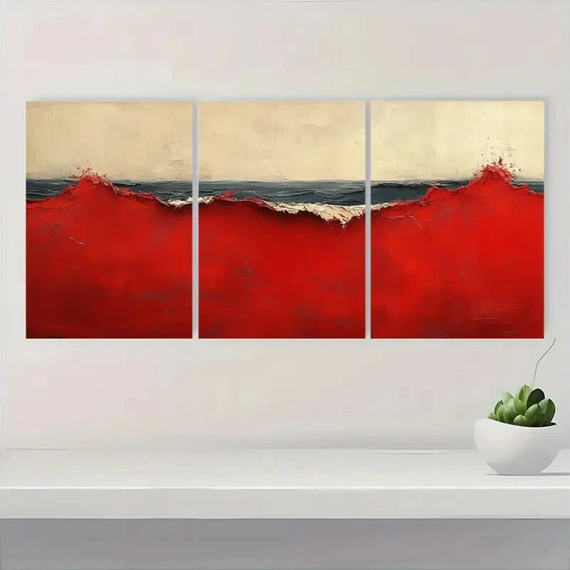 3pcs Abstract Red & Beige Wabi Sabi Texture Metal Print Ready to Hang Art - Bella Home Decor